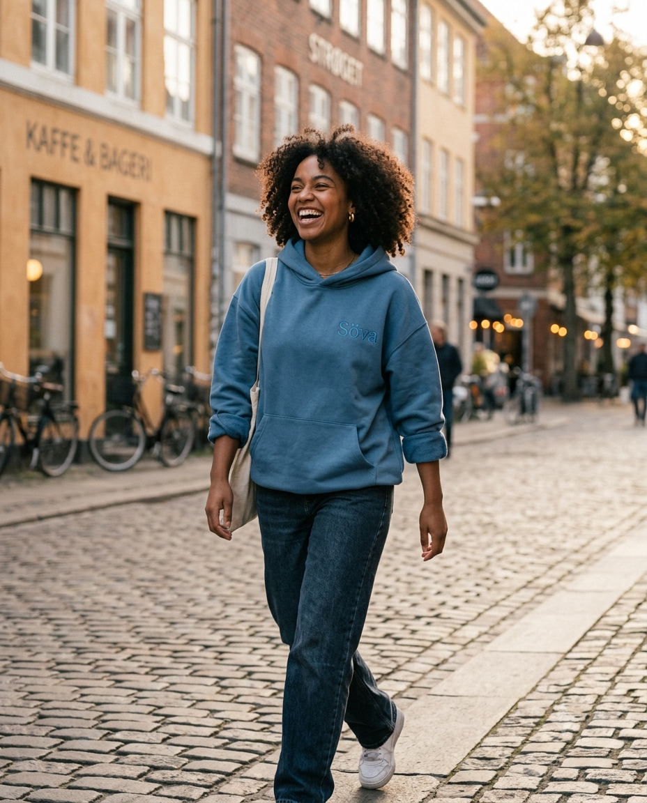 Mys Signature Hoodie in Fjord Blue — model walking on a Stockholm street
