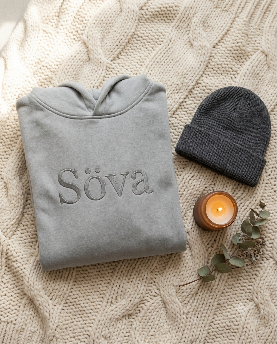 Mys Signature Hoodie in Dimma Mist Grey — folded flat-lay with beanie and candle