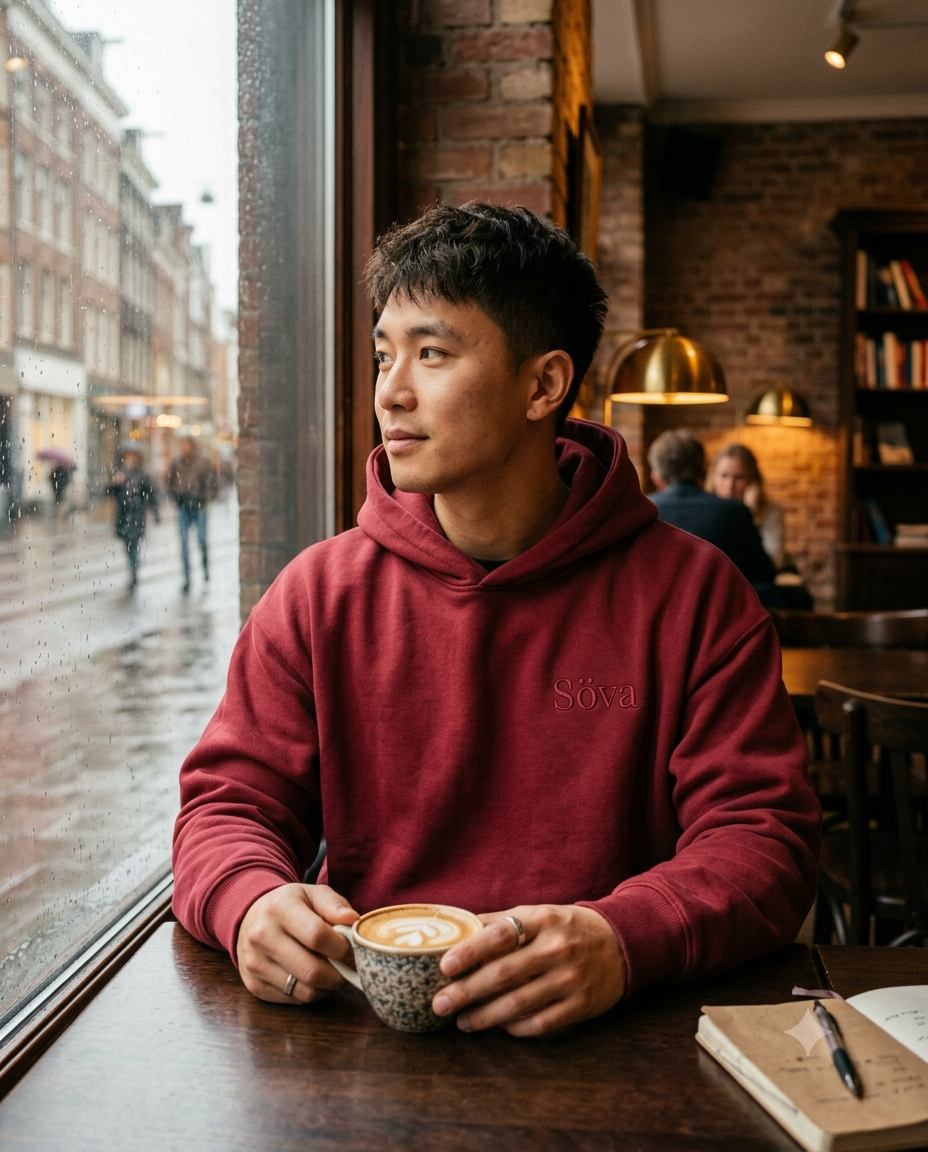 Lagom Everyday Hoodie in Lingon Berry — café window seat on a rainy day