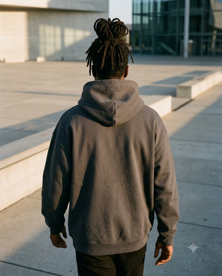 Lagom Everyday Hoodie in Kol Charcoal — back view, hood up