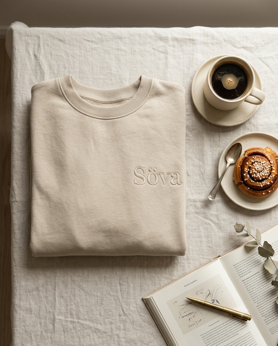 Fika Crewneck Sweatshirt in Havre Oat — flat-lay with coffee and kanelbulle