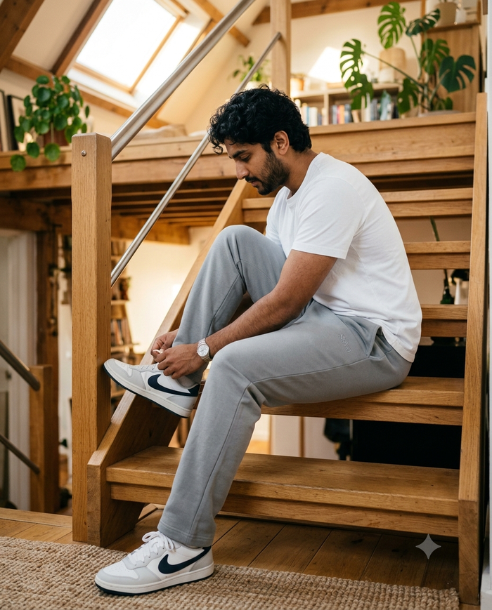 Lugn Straight-Leg Sweatpants in Dimma Mist Grey — side view on loft stairs