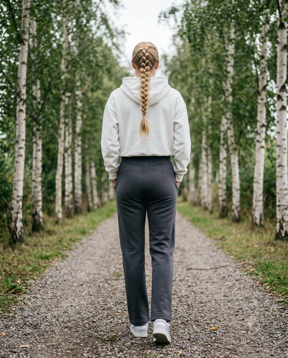 Lugn Straight-Leg Sweatpants in Kol Charcoal — back view on a birch path