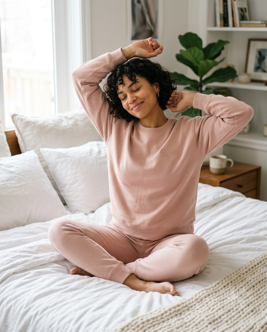 Drömmar Lounge Set in Rosa Blush — morning stretch on white linen