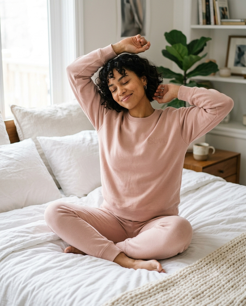 Drömmar Lounge Set in Rosa Blush — morning stretch on white linen