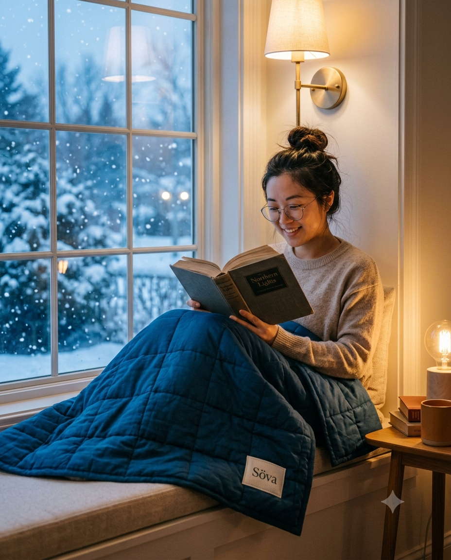 Drömmar Weighted Blanket in Fjord Blue — reading nook with snow outside