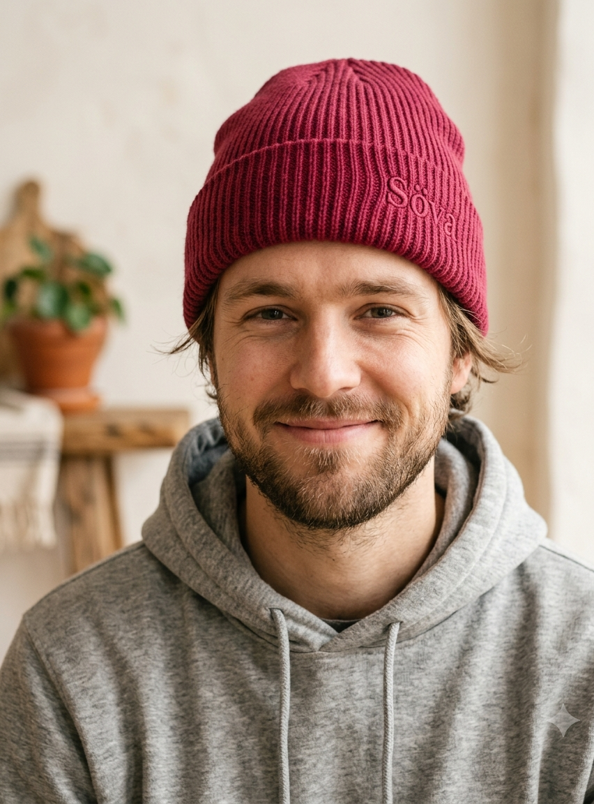 Vinter Ribbed Beanie in Lingon Berry with Söva embroidery